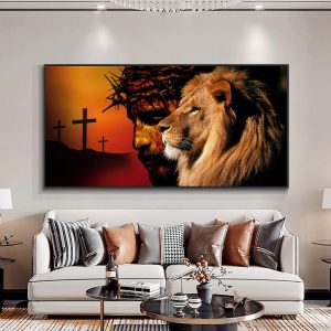 Tableau Lion et Croix Chrétienne